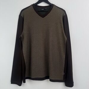 Hugo Boss Sweater Mens XL Brown Geometric Diamond Jacquard V Neck Long Sleeve